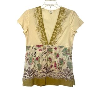 J. Jill Cream and Olive Floral V-Neck Blouse